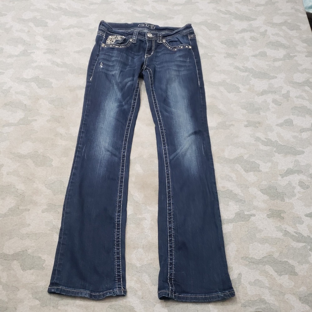 Grace in LA Jeans Women 27 Blue Bootcut Embroidered Denim Dark Wash